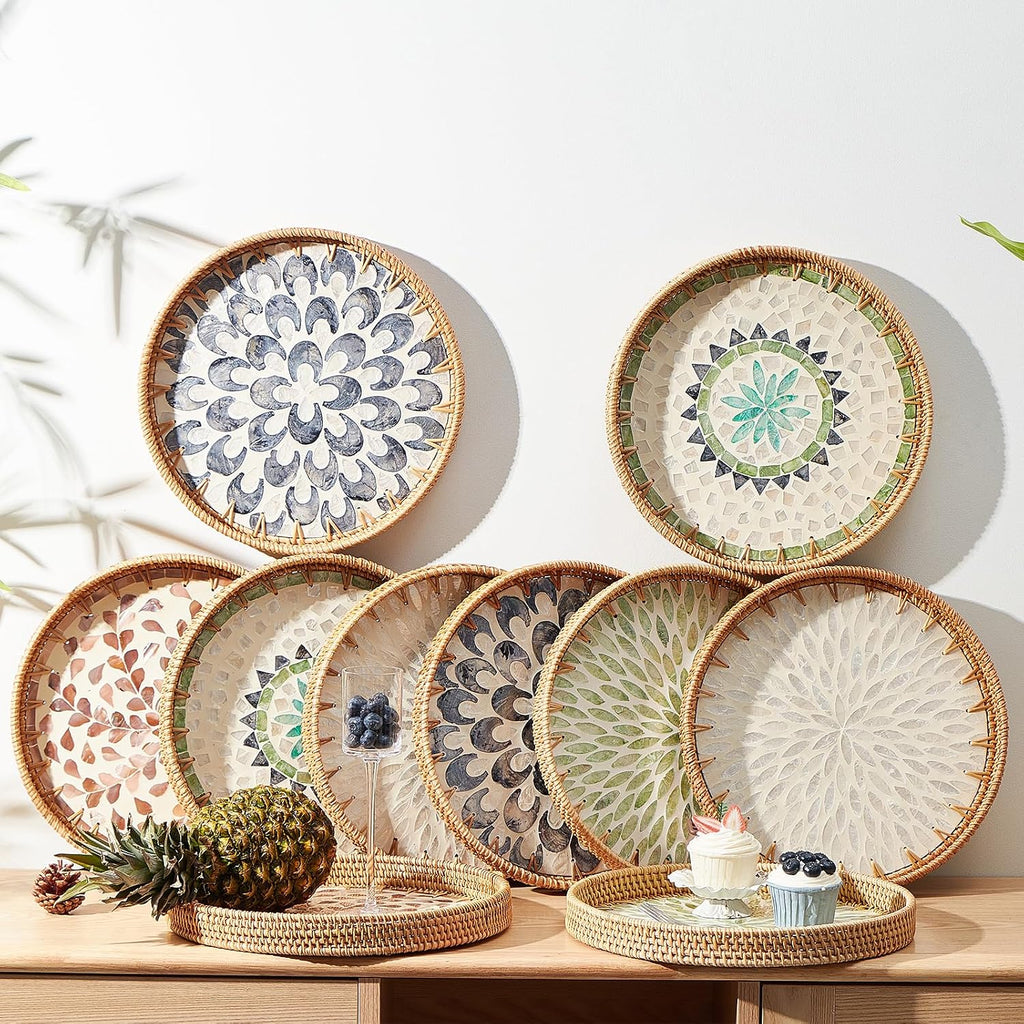 Round Rattan Tray with Mother of Pearl Inlay, Rattan Serving Tray with Wooden Base, Decorative Wicker Basket for