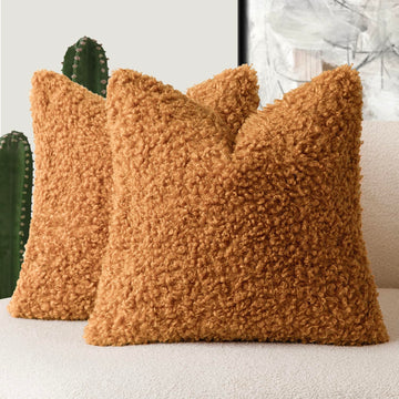 Decorative Fuzzy Faux Fur Throw Pillow Covers 16x16 Inch Orange