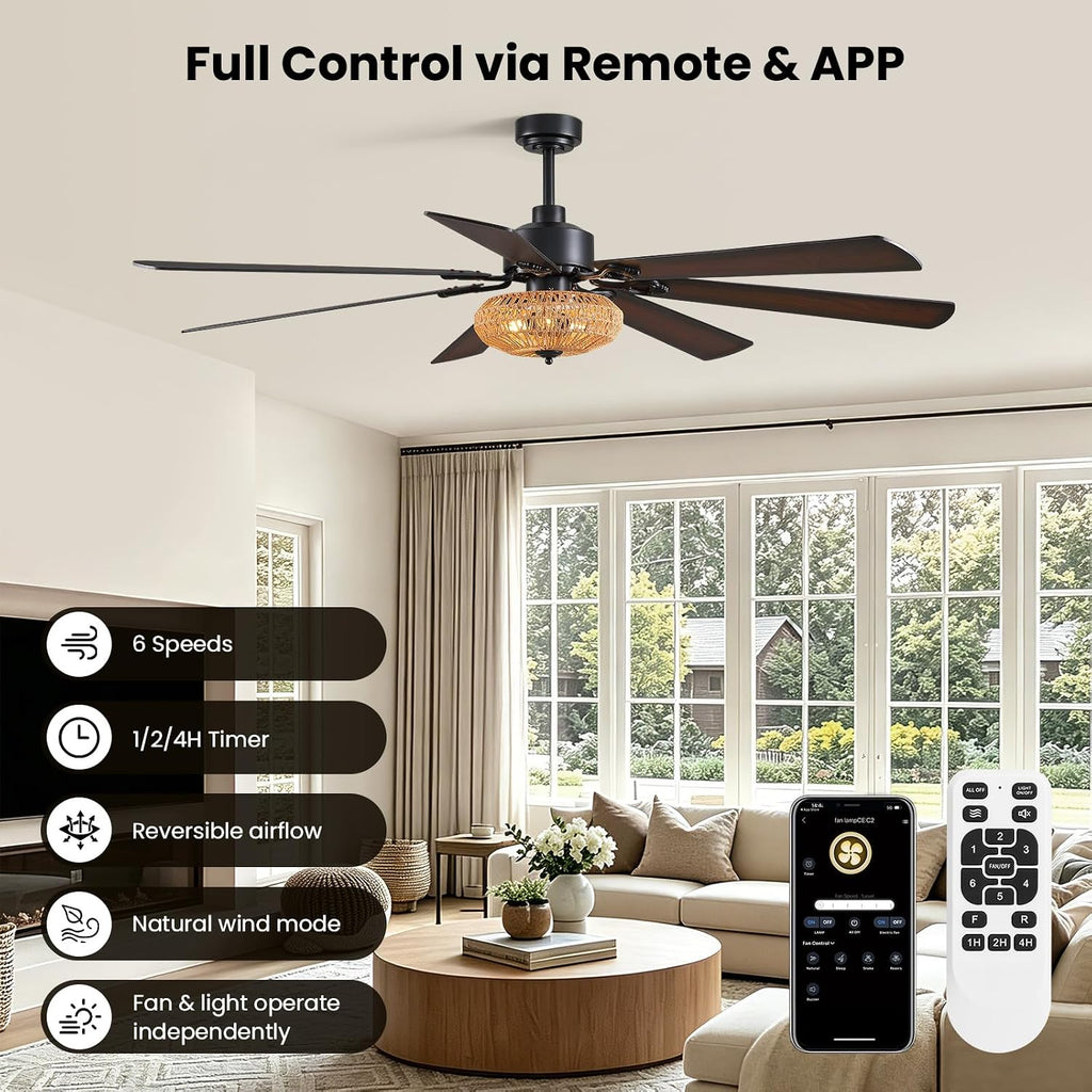72 Inch Ceiling Fan with Light Indoor Rustic Farmhouse Matte Black 7 Blades APP and Remote Control