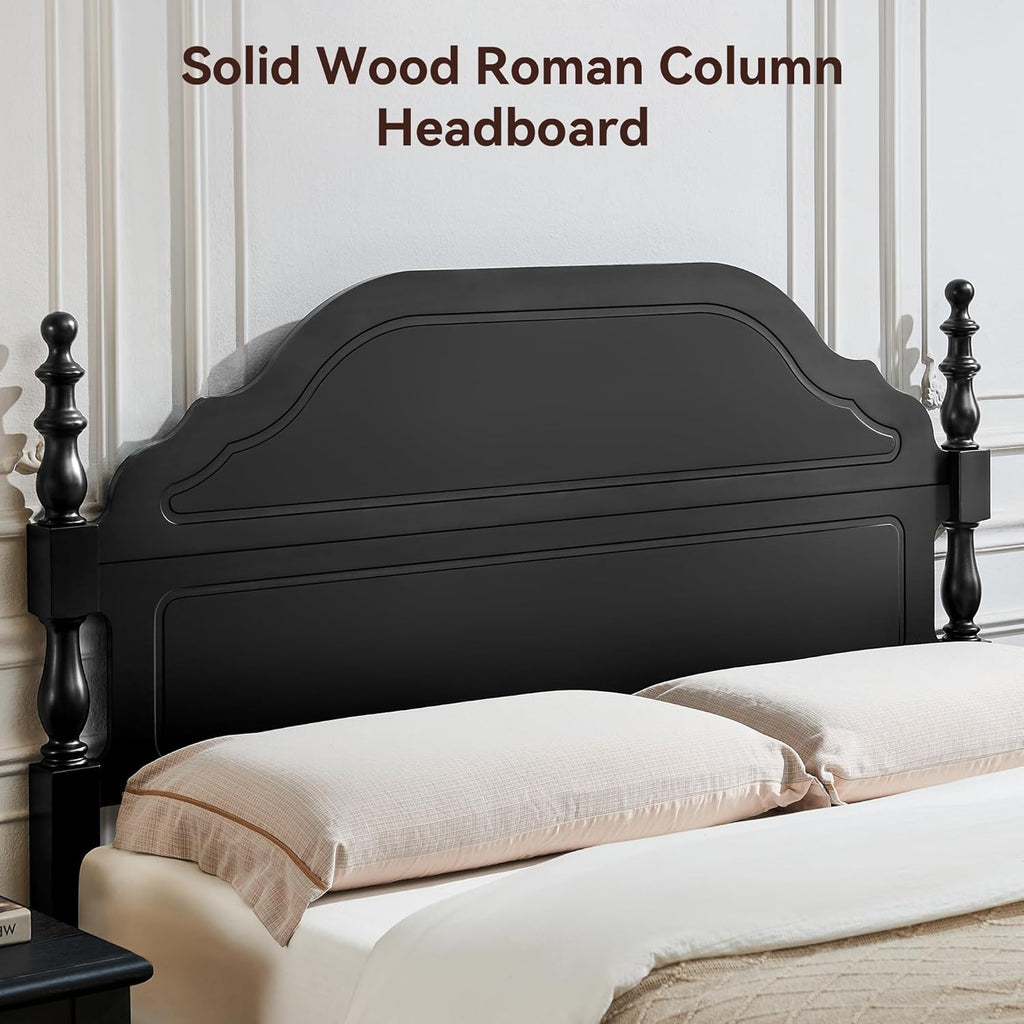 Wood Bed Frame Queen, Wooden Retro Style Queen Bed Frame with Headboard and Footboard, Heavy Duty Bed Frame with 12