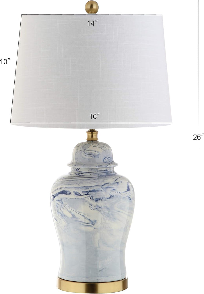 26" Blue and White Marble Ceramic Table Lamp, Traditional Ginger Jar Style with Brass Gold Base