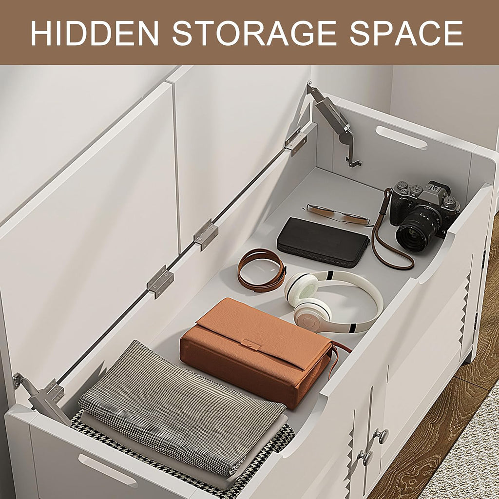 Shoe Storage Bench with Lift Top Storage, Entryway Bench with 2 Cushioned Seats, 3 Compartments, Adjustable Shelf