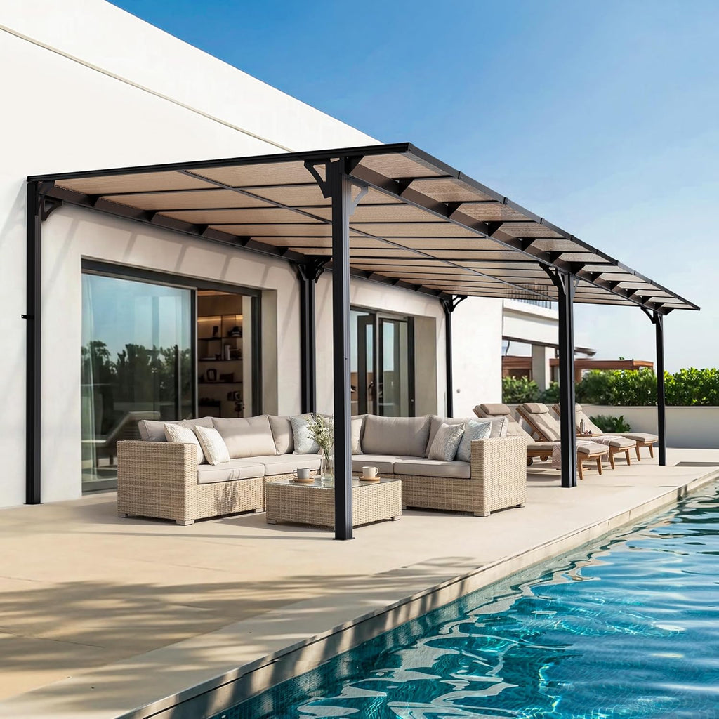 10x24FT Wall Mounted Gazebo, Hardtop Lean to Gazebo with Aluminum Frame & UV Resistant Polycarbonate Roof