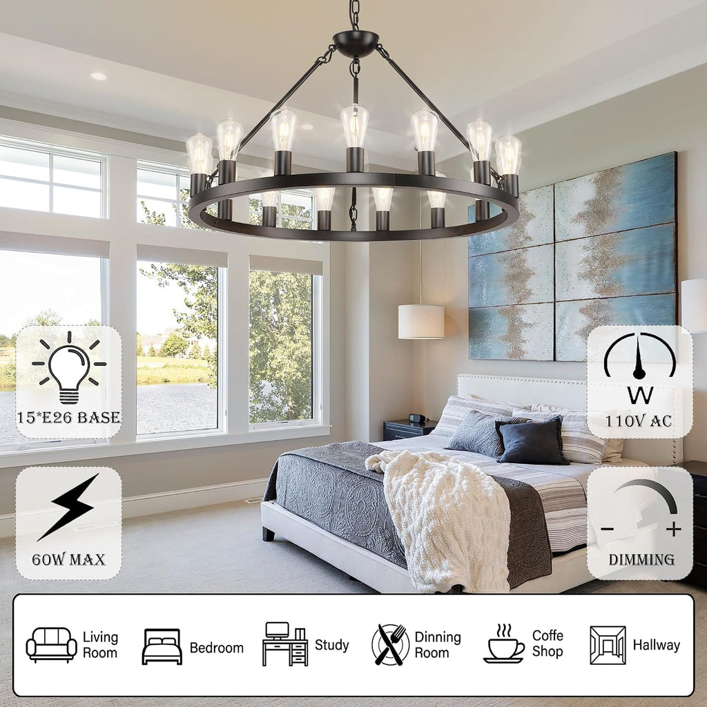 32 inch Black Wagon Wheel Chandelier 15-Light Farmhouse Round Wheel Chandeliers Hanging Light Fixture Outdoor Wagon