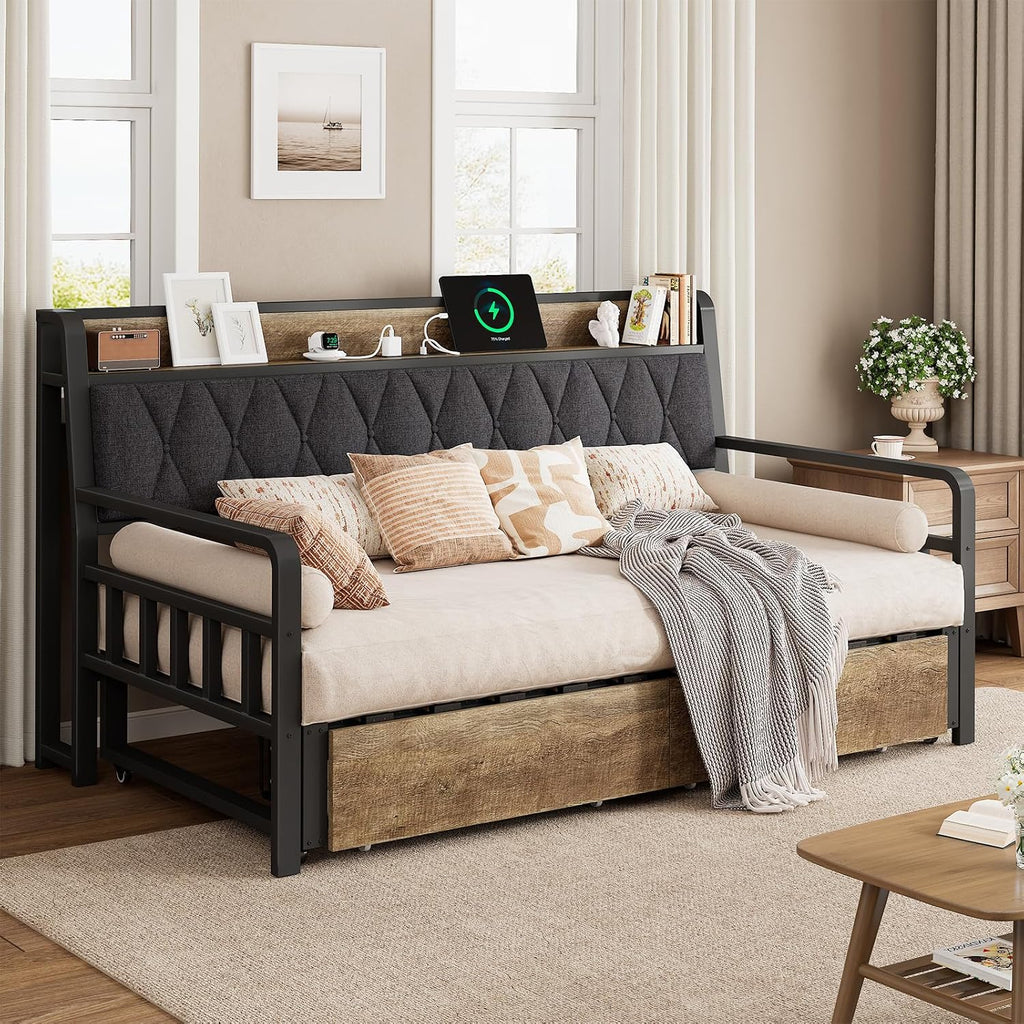 Twin to King Daybed, Convertible Sofa Bed with Trundle, Black | with Power Outlet, Padded Headboard, Storage Drawers