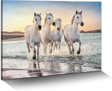 Beach Horse Canvas Wall Art: White Elegant Equines Photo Prints Graceful Seaside Animals Office Painting Ocean Steeds