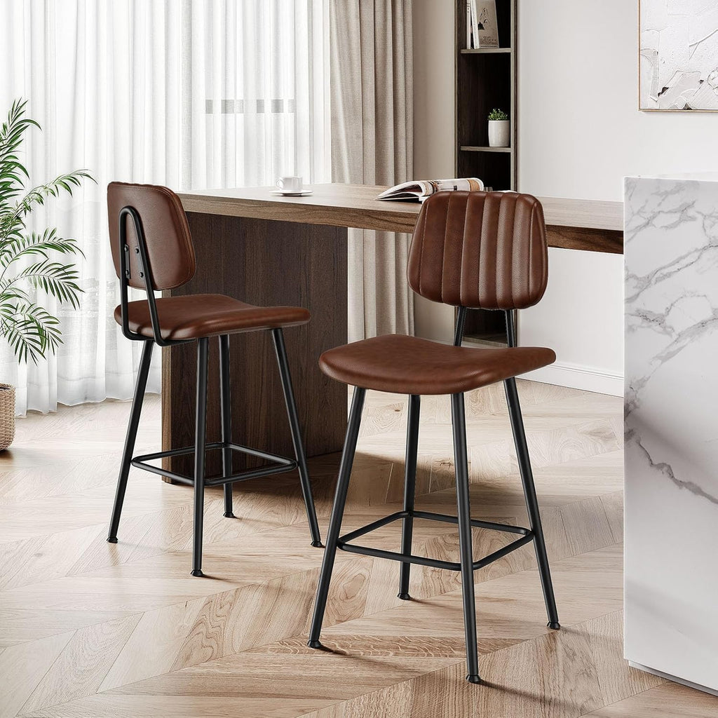 24-Inch Leather Bar Stools Set of 2, Counter Height Barstools with High Backrest，Bar Chairs Island with Heavy Duty