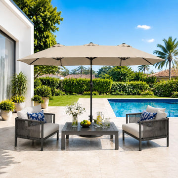13ft Double-Sided Patio Umbrella with Crank, Waterproof UV Protective Beige Outdoor Umbrella