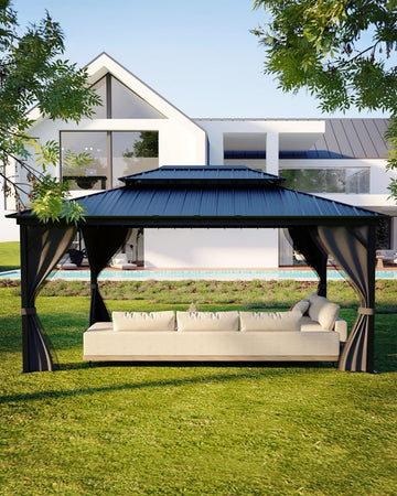 Hardtop Gazebo 12'x16' for All Weather, with Double Metal Roof, Aluminum Alloy Frame, Net, and Curtain