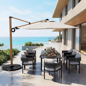 12 FT Patio Umbrella, Outdoor Cantilever Round Umbrella with 360° Rotation, Aluminum Offset Umbrella Pool, Beige