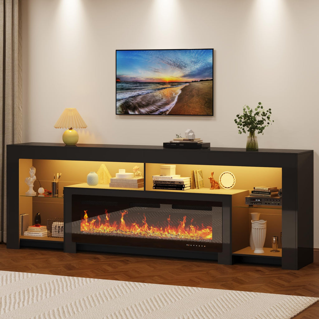 94.5" Extra Long with 50" Electric Insert, Modern High Gloss Entertainment Center for Up to 100" TVs, Media Console