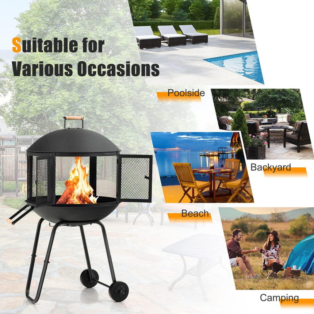 28" Outdoor Fire Pit with Lockable Doors, Fire Poker & Wheels
