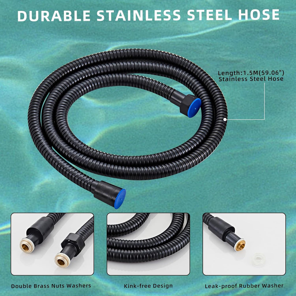 Black square hand shower head, handheld shower head with hose,brass High pressure flushing With adjustable water
