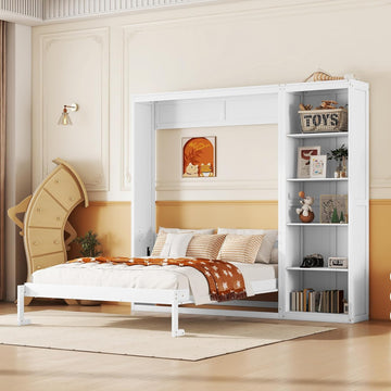 Murphy Bed with Shelves, Versatile Wall Bed, Foldable Murphy Cabinet, Full, White