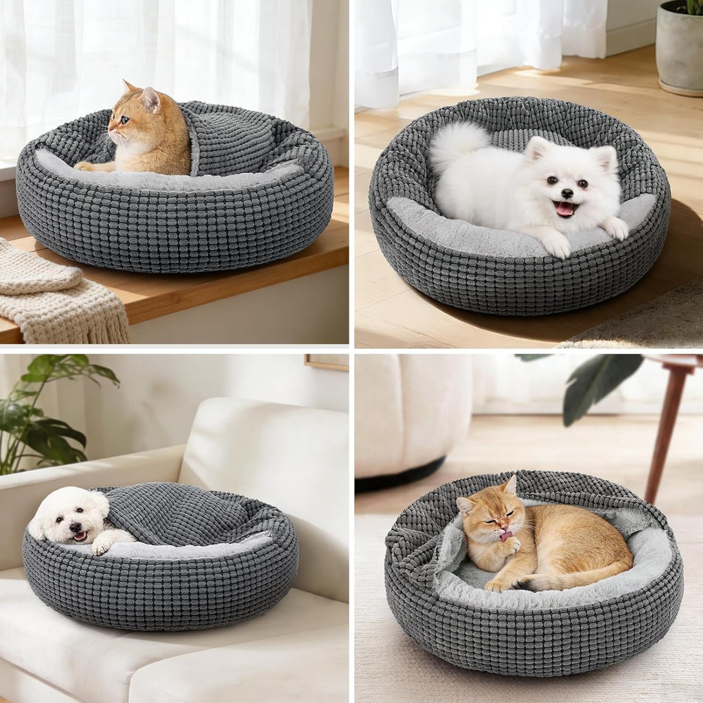 Small Dog Bed with Attached Blanket, Cozy Donut Cuddler Anti-Anxiety Hooded Pet Beds Calming Cave Bed. Orthopedic