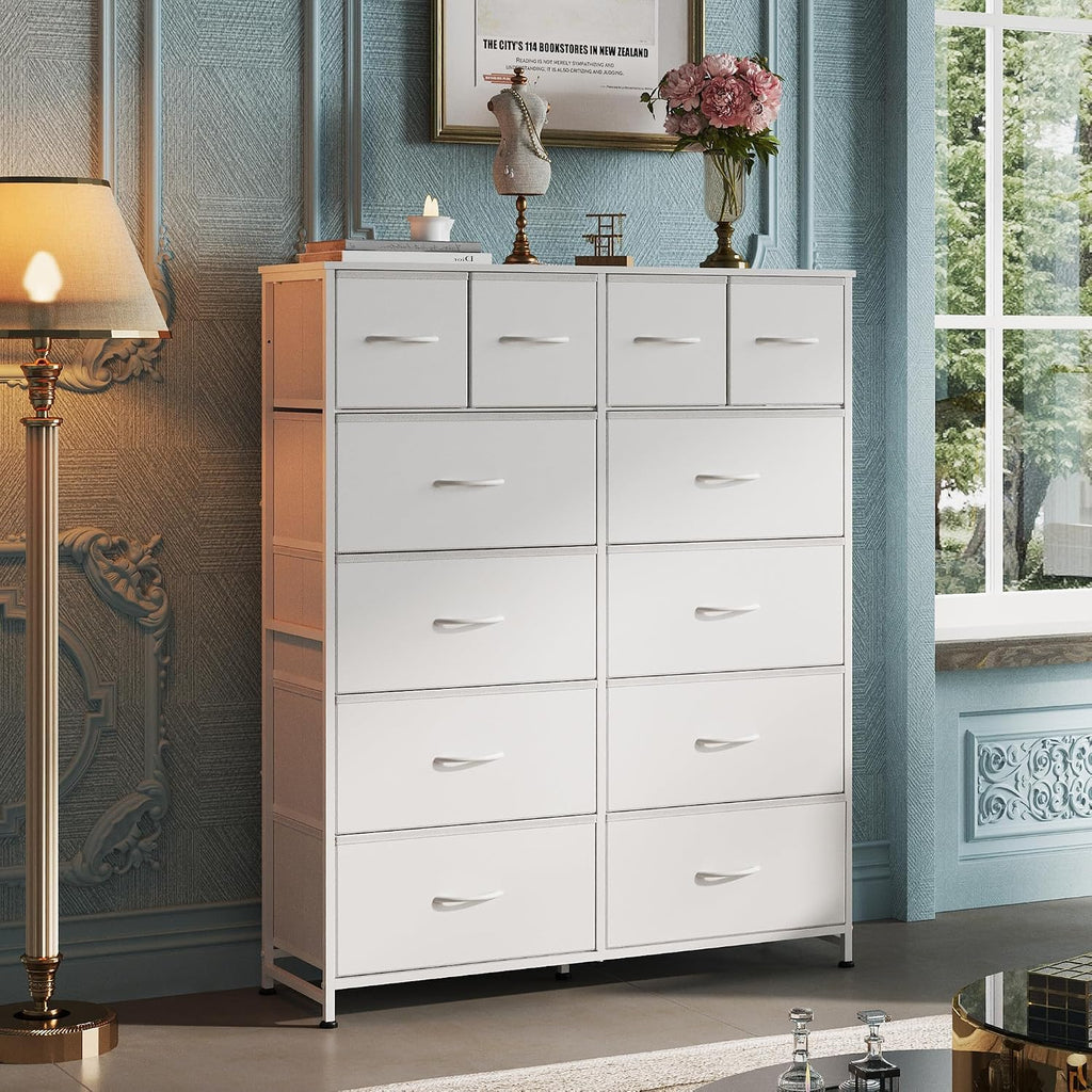 12 Drawer Tall White Fabric Dresser Bedroom Storage Chest | White tall 12-drawer fabric dresser with wood top
