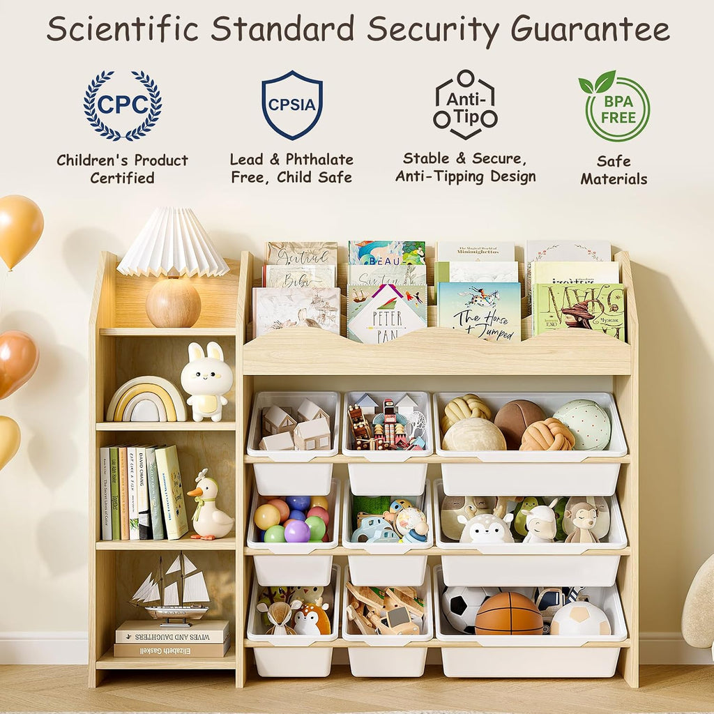Toy Storage Organizer, Scalloped Bookshelf, 4 Toy Shelves, 9 Bins | Scalloped top book display, 4-tier side shelves