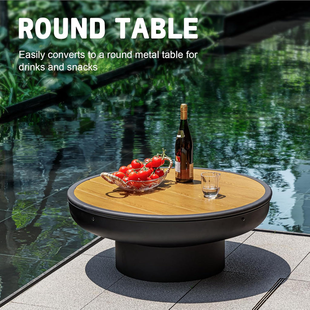 32in Fire Pit Table with Lid,Heavy Duty and Deep Fire Bowl,Outdoor Wood Burning BBQ Grill Firepit Bowl with Cover Lid