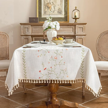 Rectangle Tablecloth 55" x 75", Pink Floral Embroidered Table Cloth with Tassels, Farmhouse Rustic L