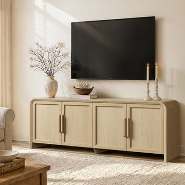65" Mid Century Modern TV Stand with Storage for 75" TV, Curved Edges Thicker Wood TV Consoles with 4 Doors, Cable