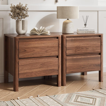 Walnut Nightstands Set of 2, Mid Century Modern Bedside Table with Hidden Handles and Wood Legs, Wooden End Table
