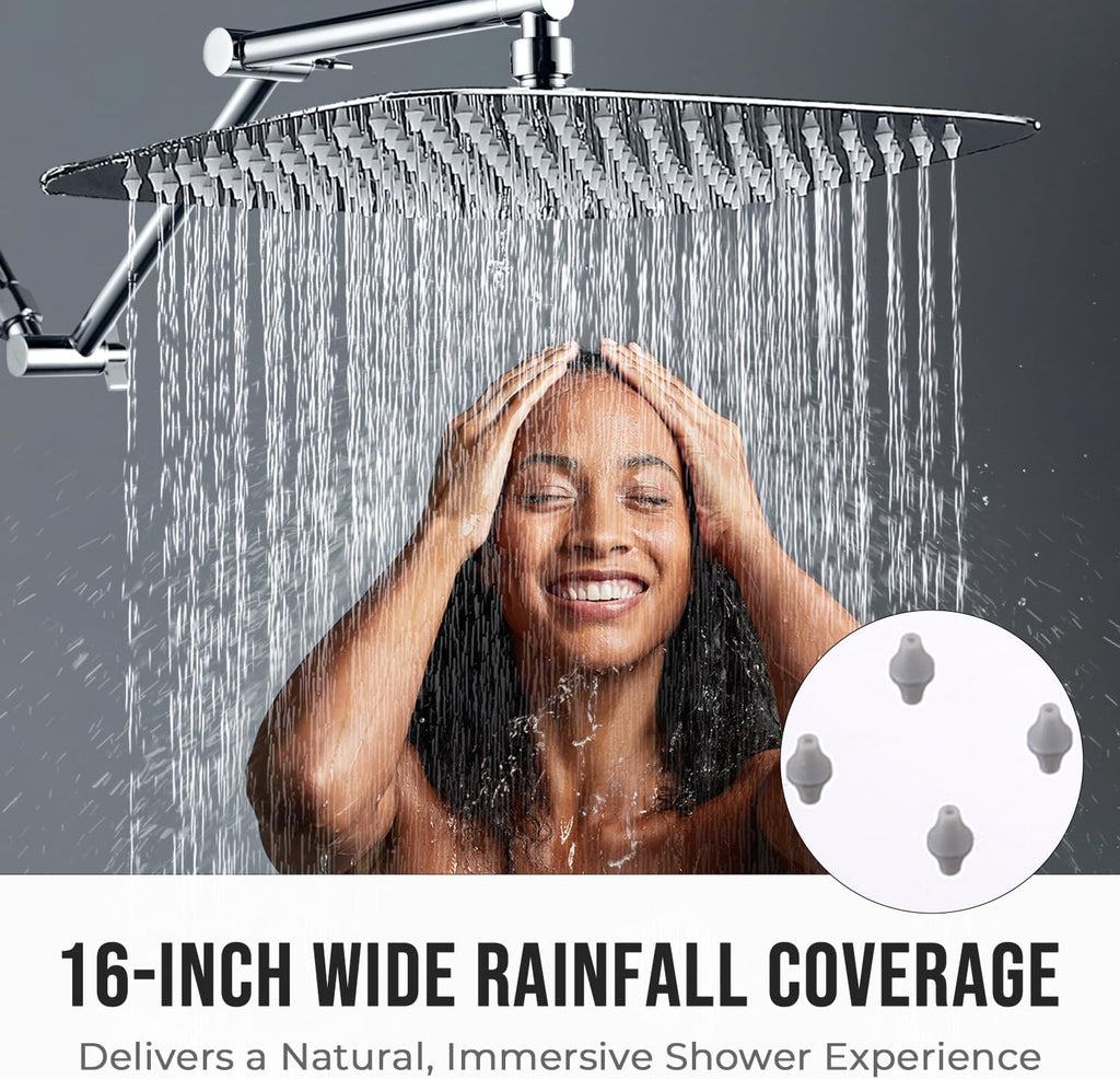 All Metal 16 Inch Rain Shower Head with Adjustable Extension Arm