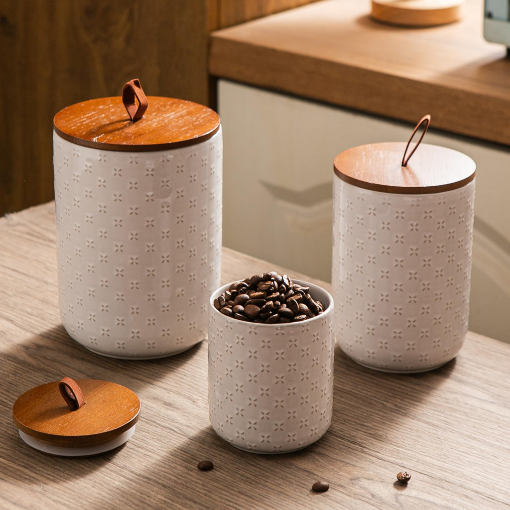 Embossed Ceramic Canister Set with Airtight Bamboo Lid