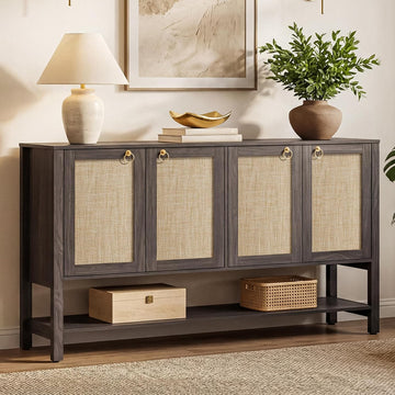 Sideboard Buffet Cabinet with Rattan Doors, 55" Boho Coffee Bar Cabinet with Open Shelf