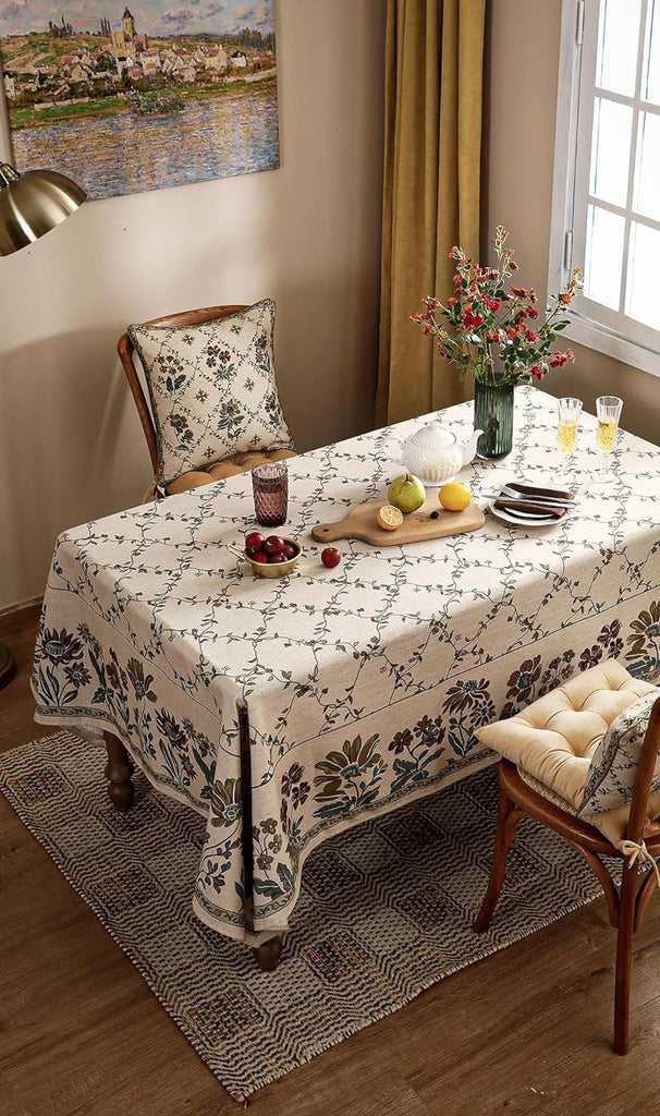 Designer Linen French Tablecloth for Rectangle Table,Fall Country Breathable Floral Tablecloths,Tabl