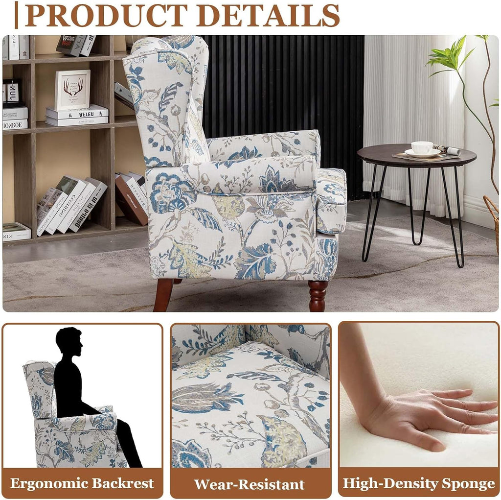 Wingback Chair & Floral Accent Chair | Occasional Side Chair Arms and High Back, Ticken Seat Cushion|Fabric