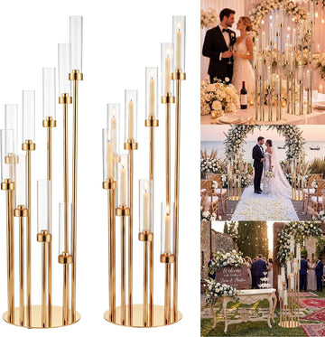 2 Pcs Extra High 50'' Floor Candelabra 9 Arm Gold Candle Holders Tall Floor Candle Holder with Acrylic