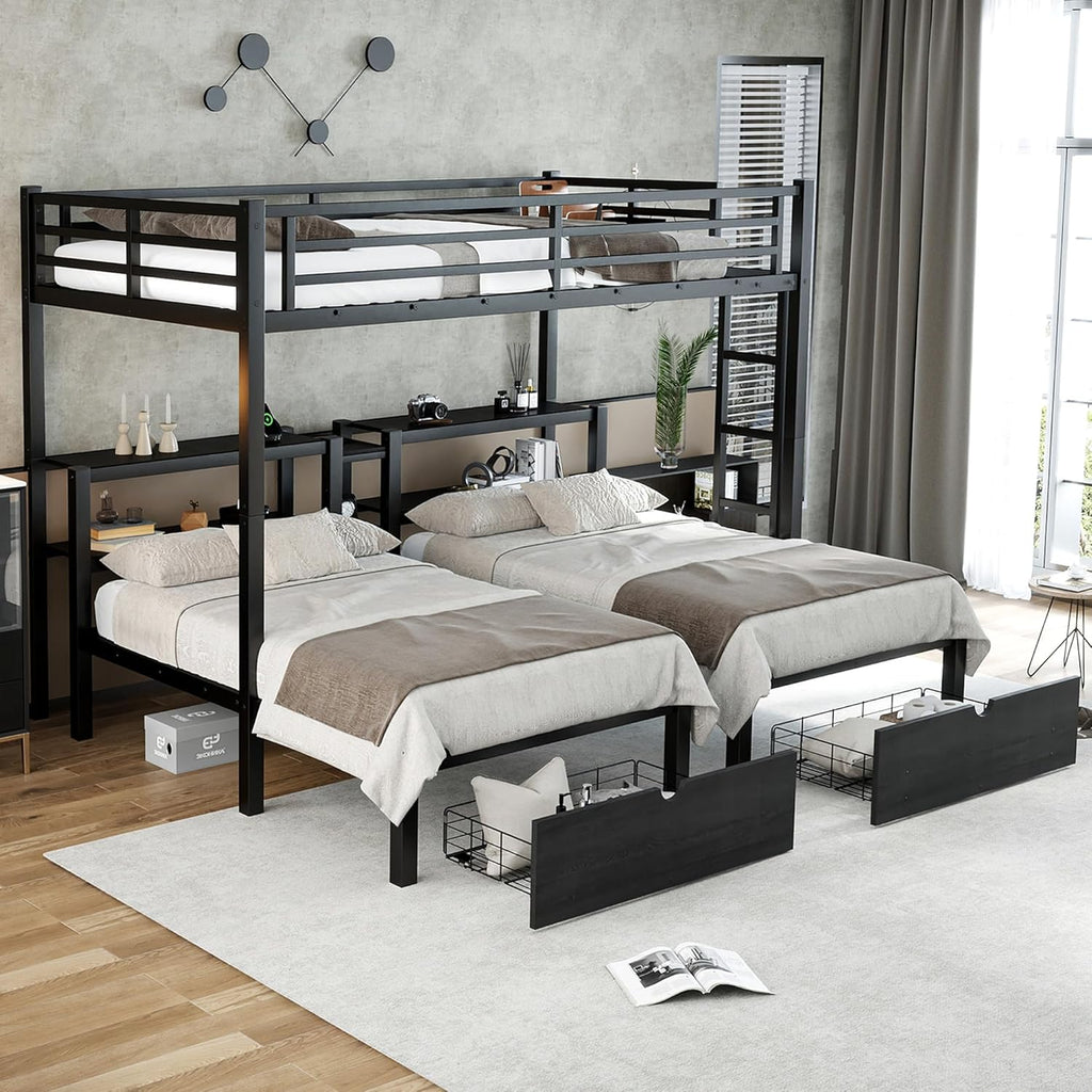 Full XL Over Twin Over Twin Triple Bunk Beds with Storage Drawers, Shelves