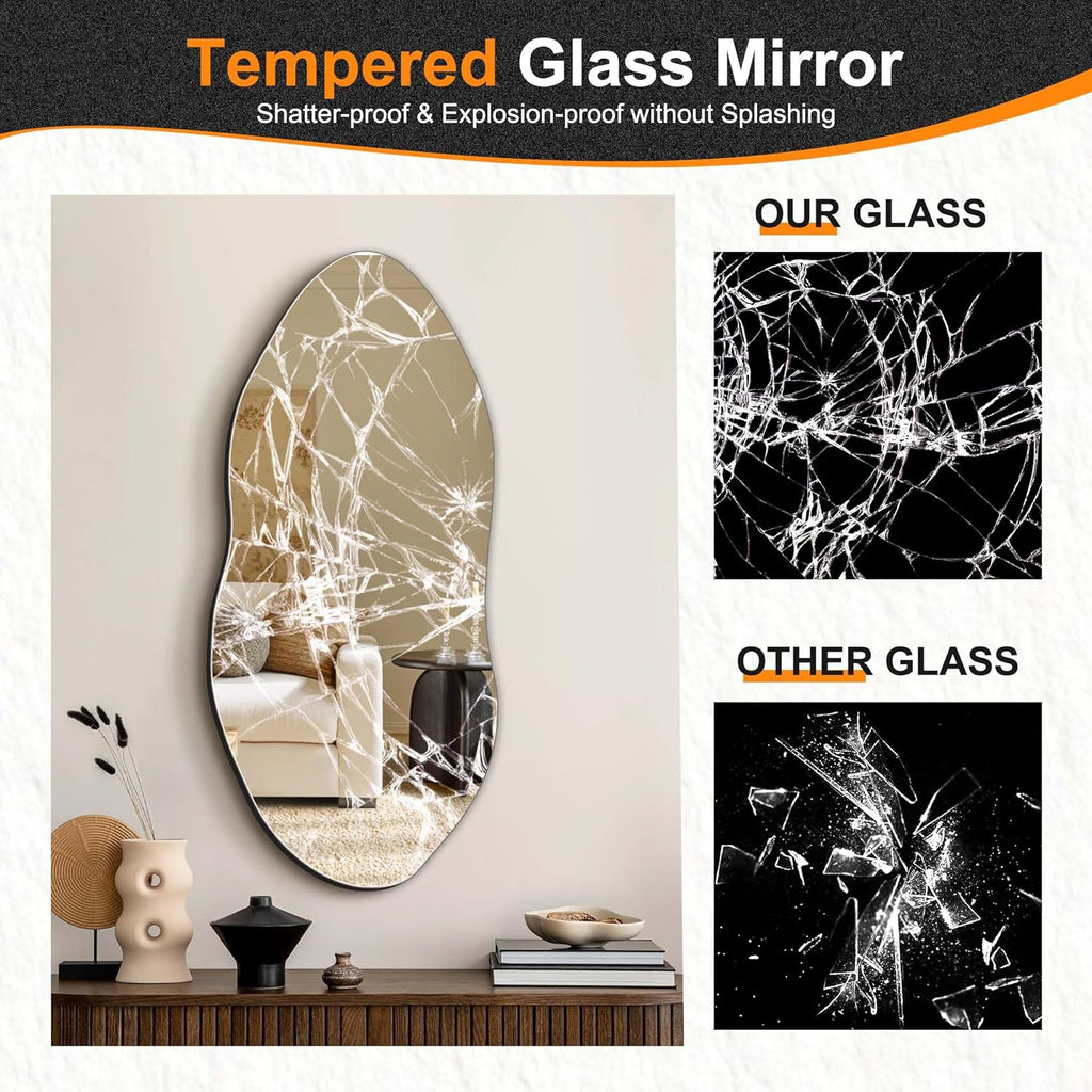 Irregular Wall Mirror,32"x14" Slim Vertical Wavy Design,Frameless Decorative Mirror ,Modern Boho Wall-Mounted
