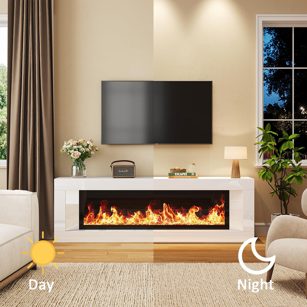 63" High Gloss Fireplace TV Stand, Modern TV Console, White