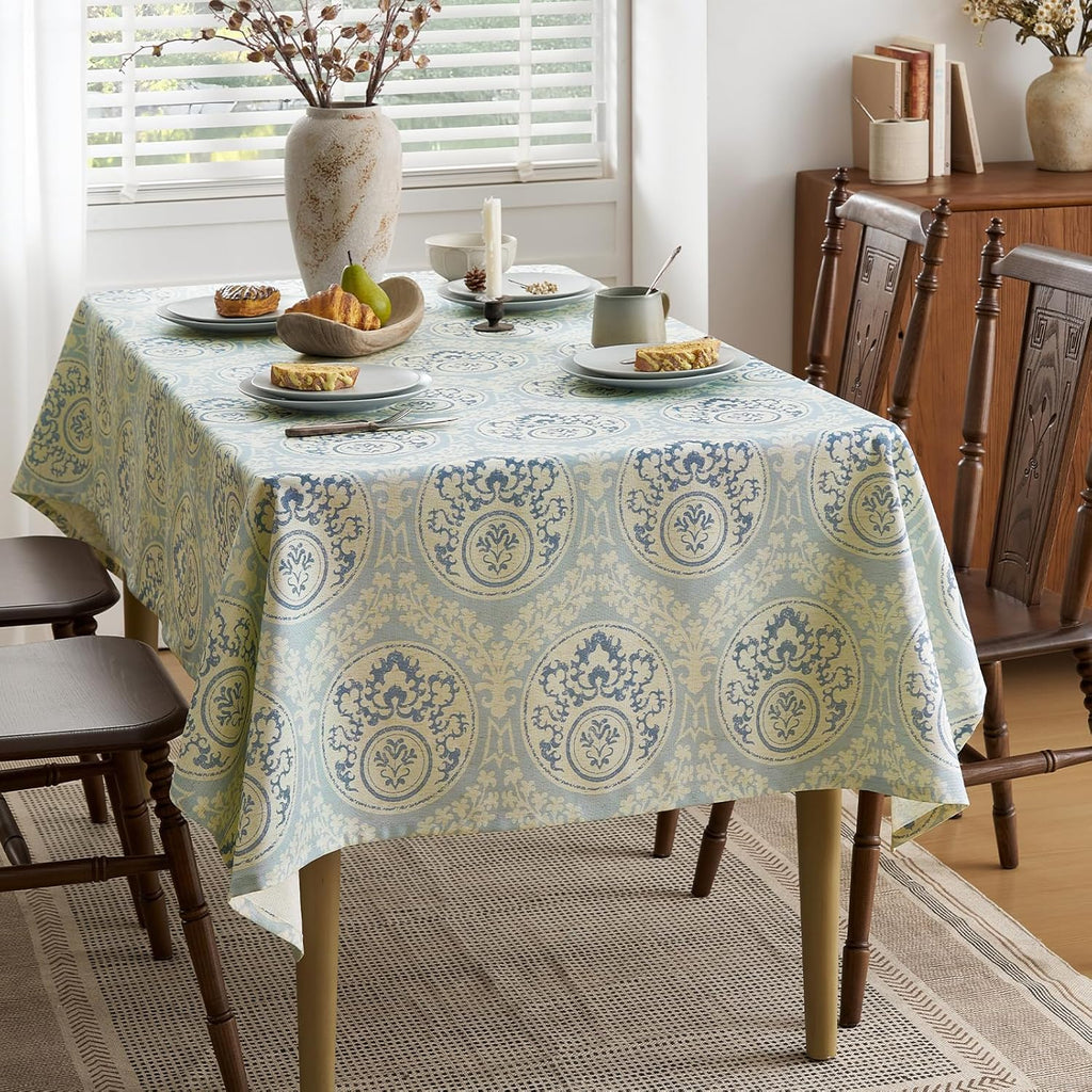Vintage Blue Printed Tablecloths Rectangular: Floral Linen Farmhouse Table Cloth - Damask Patterned 