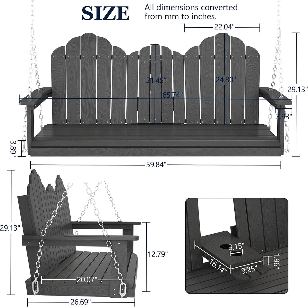 3 Seat Porch Swing with Tray, HDPE Wood Gra Swing, Black | Fits a family or three adults; fold-down center console