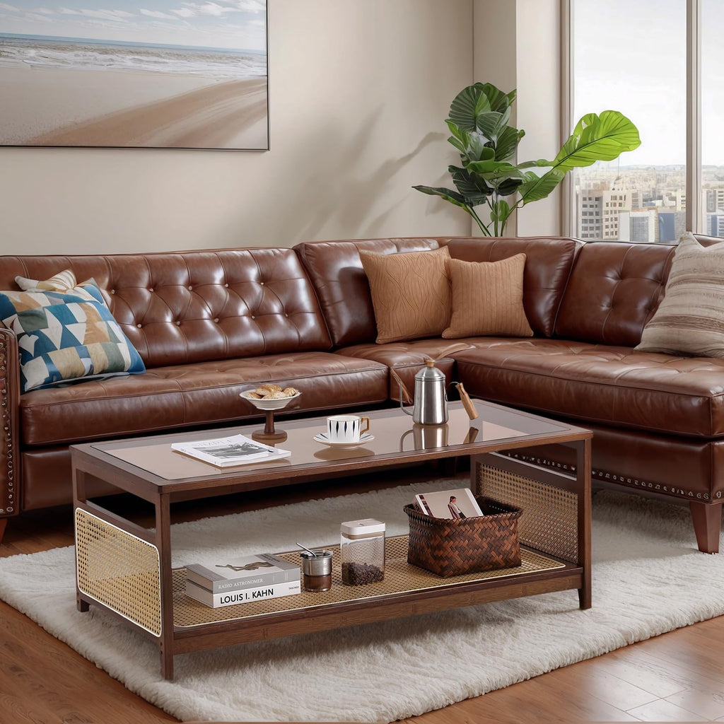 Rattan Coffee Table, 2-Tier Rectangle Center Table, 47.5", Walnut