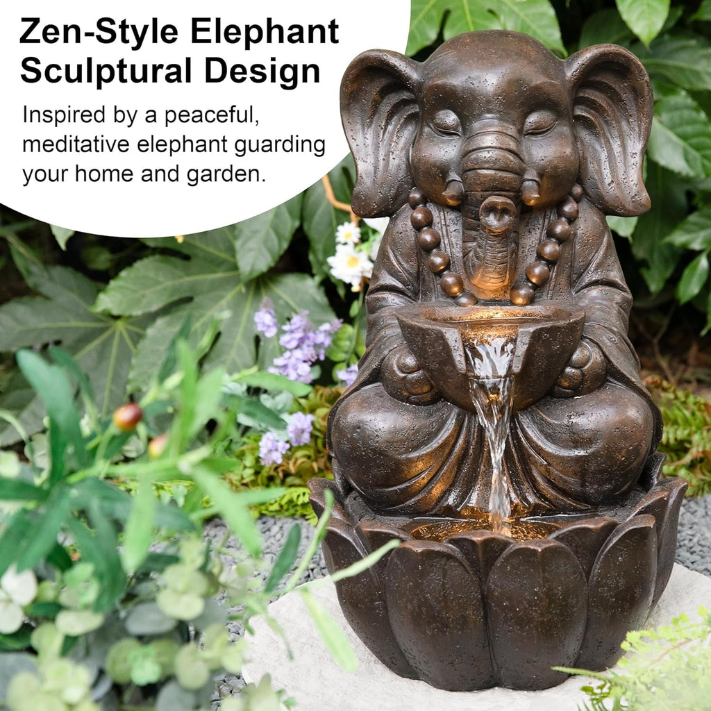 Outdoor Fountains, Water Fountains Outdoor with Lights&Pump, 21.75" H 2-Tiered Zen-Style Bronze Polyresin Elephant