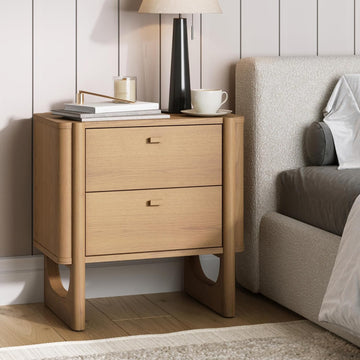 Solace Mid Century Modern 2 Drawer Nightstand with Solid Wood Frame and Rounded Details, Raw Oak