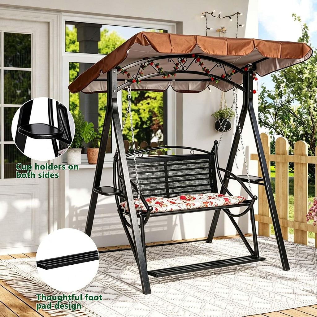 Upgraded Patio Swing with Canopy & A‐Frame Stand - Heavy Duty Outdoor Swing for Adults, Wicker Porch Swing Chair with