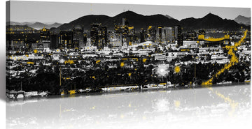 Los Angeles Skyline Canvas Wall Art, Large Black and White Cityscape Panorama Print, Modern Nightscape Painting