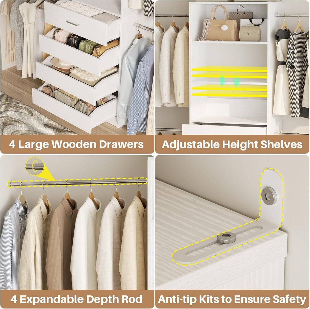 Closet System, 4-9Ft Closet Organizer with 4 Wooden Drawers, Wood Closet Organizer System with Tower, Walk-in Closet