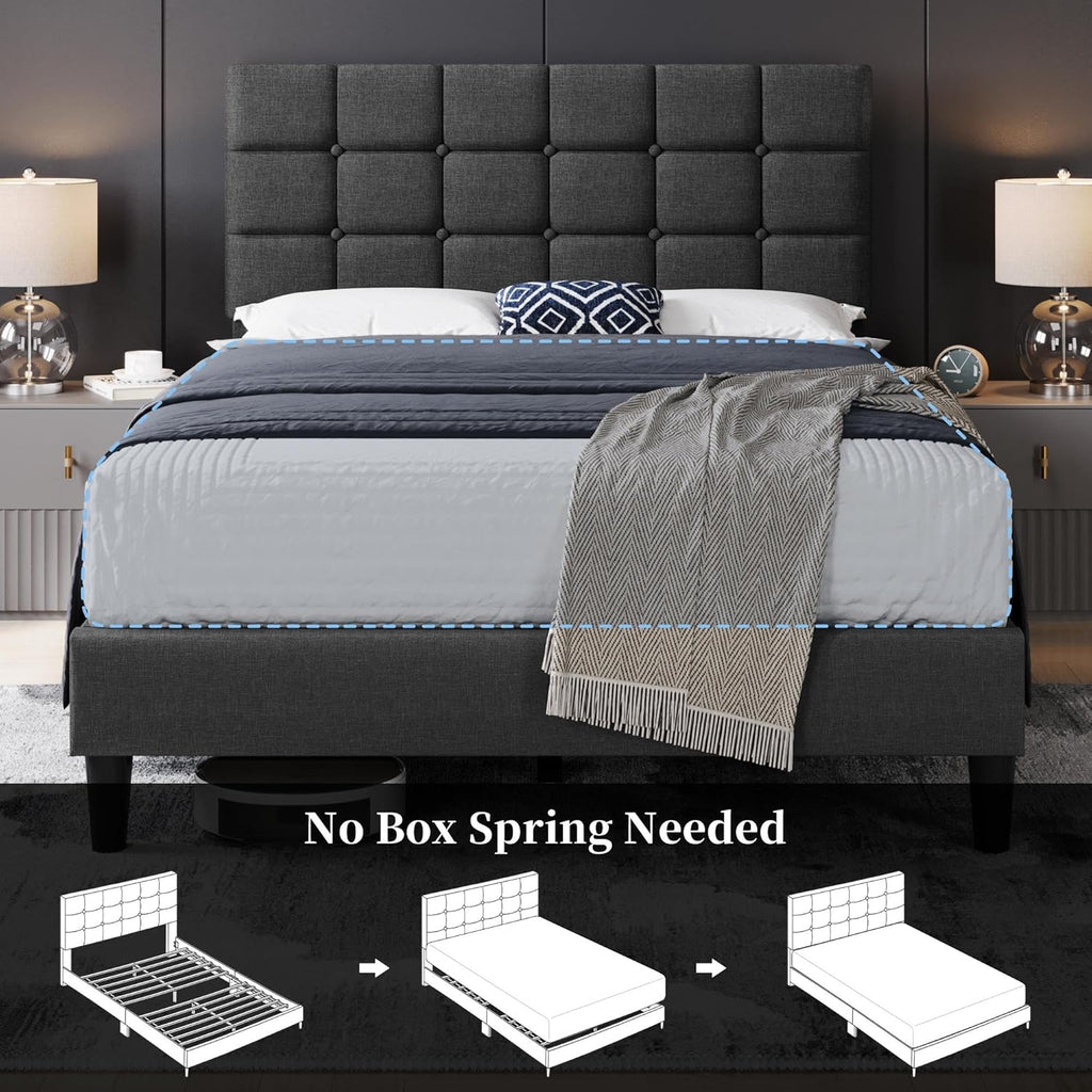 Upholstered Bed Frame, Modern Full Bed Platform with Square Stitched&Button Tufting Headboard Height Adjustable