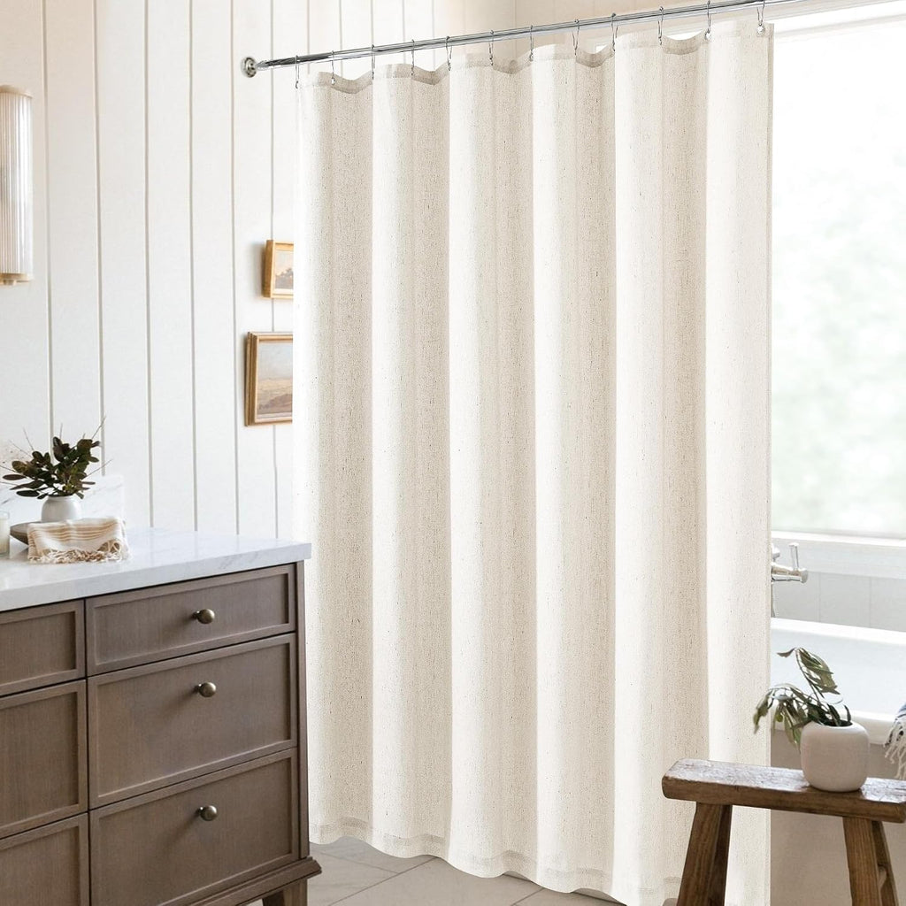 Cream Linen Shower Curtain Water Repellent 72x84 Inch | Neutral Modern Boho, Extra Long Tall, Bath Drapes 84 Inches