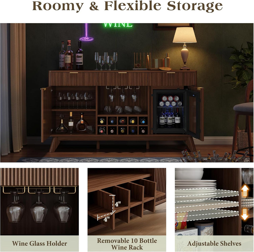 60" Wine Bar Cabinet, Coffee Bar Cabinet with Fridge, Sideboard Cabinet | Waveform Fluted Door, Adjustable Shelves, 3