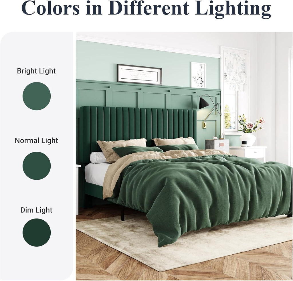Queen Bed Frame, Velvet Upholstered Platform Bed with Adjustable Vertical Channel Tufted Headboard