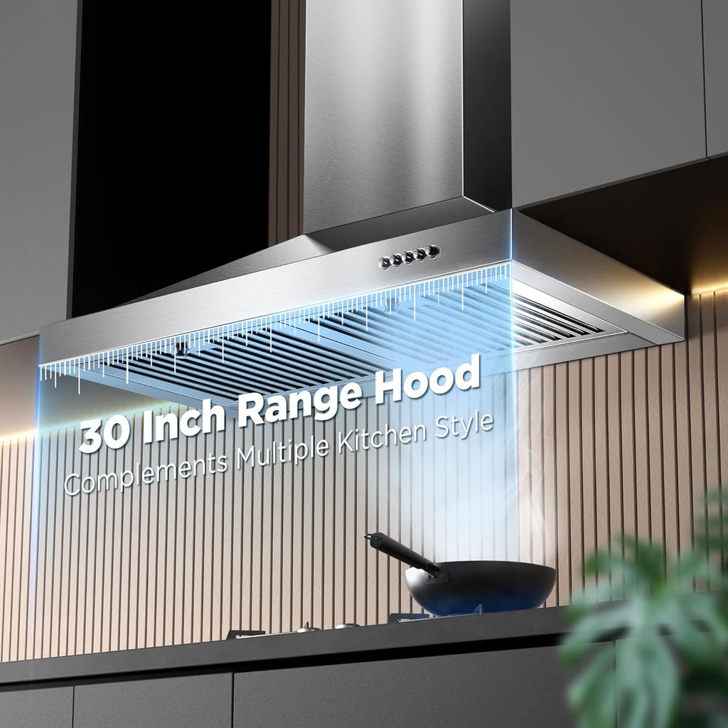 30 Inch Stainless Steel Wall Mount Range Hood 3 Speed Push Button Control, LED Lights, Baffle Filters, Convertible Ducted/Ductless