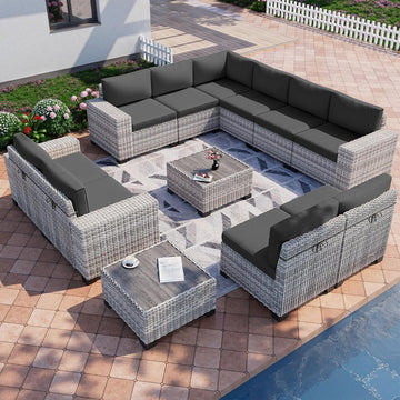 Outdoor Patio Furniture Set PE Wicker Rattan Outdoor Sectional Sofa | Patio Conversation Set with Chunky Arms