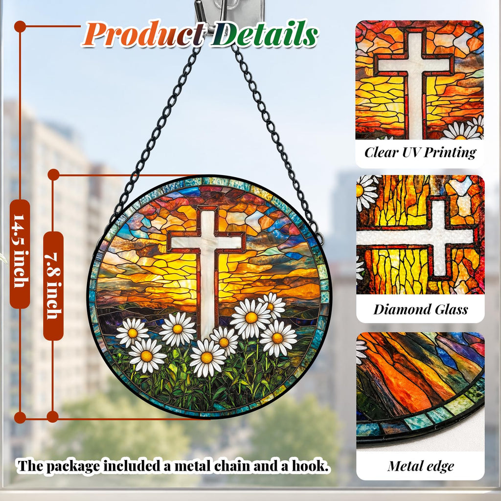 Cross Stained Glass Christian Window Hanging Religious Gift