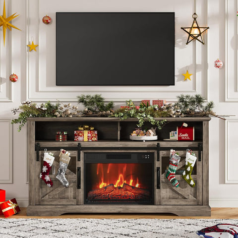Farmhouse Fireplace TV Stand for TVs up to 65+ Inches, Entertainment Center with 23 Inch Electric Fireplace, Large Storage Console with Sliding Barn Door, Brown